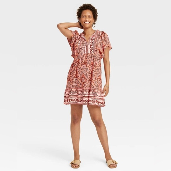 Knox Rose Dresses & Skirts - Knox Rose Ruffle Short-Sleeve A-Line Dress in orange, brown, and white paisley